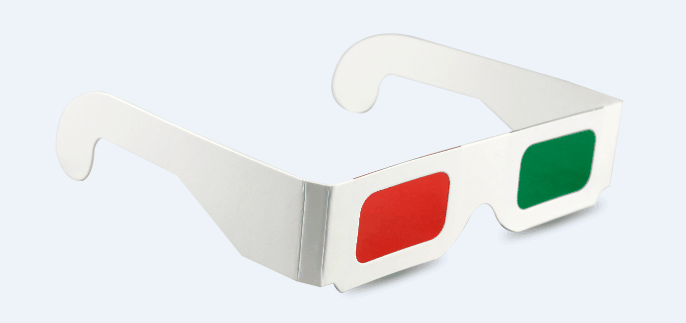 3D glasses with Red Green lenses and white paper frames
